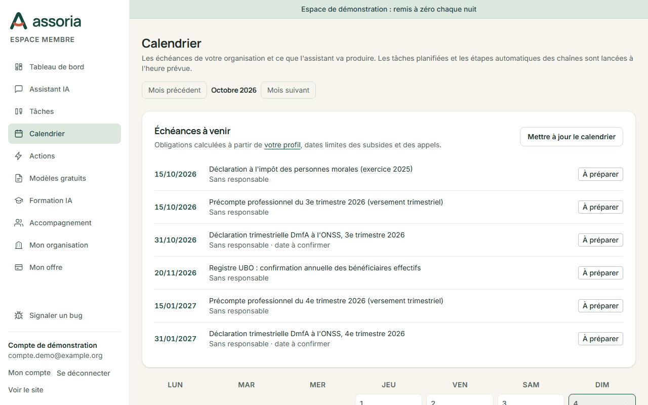 Calendrier d'octobre 2026 : impôt des personnes morales et précompte au 15 octobre, déclaration DmfA au 31 octobre, registre UBO au 20 novembre, puis les échéances de janvier 2027.