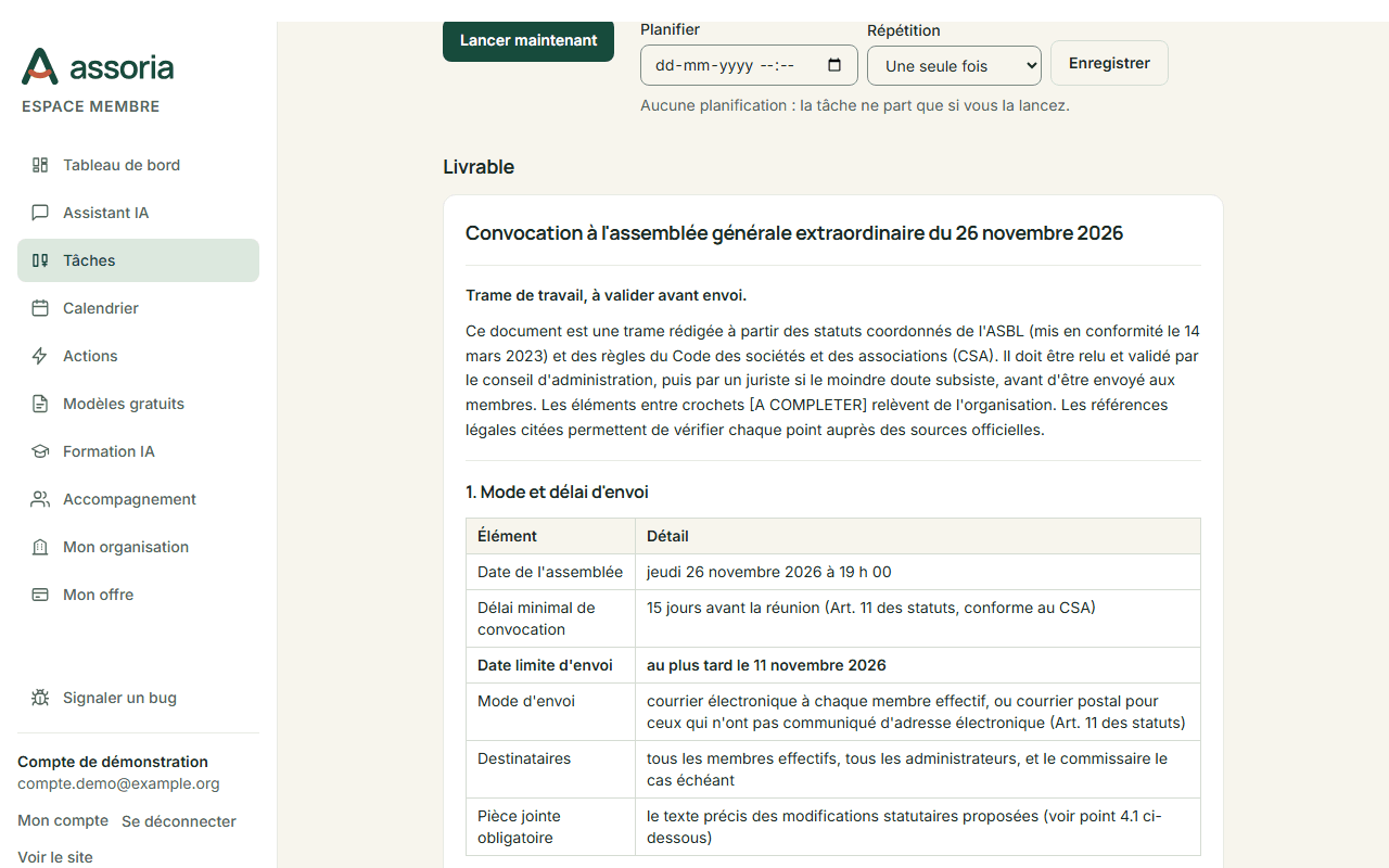 Livrable « Convocation à l'assemblée générale extraordinaire du 26 novembre 2026 » : mention « Trame de travail, à valider avant envoi », puis un tableau du mode et du délai d'envoi avec la date limite du 11 novembre 2026.