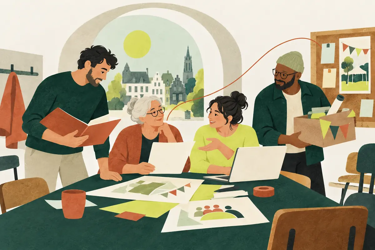 Illustration : quatre bénévoles autour d'une table de travail dans une salle associative, avec vue sur une ville belge. Un homme feuillette un dossier, une femme âgée lit un document, une jeune femme explique quelque chose devant un ordinateur portable et un homme apporte un carton de fanions.